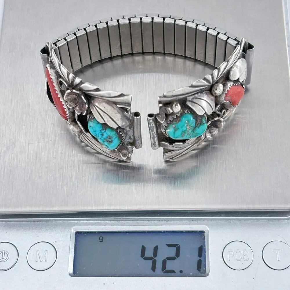 Vintage Southwest Sterling Silver 925 Turquoise Coral Watch Tips 6